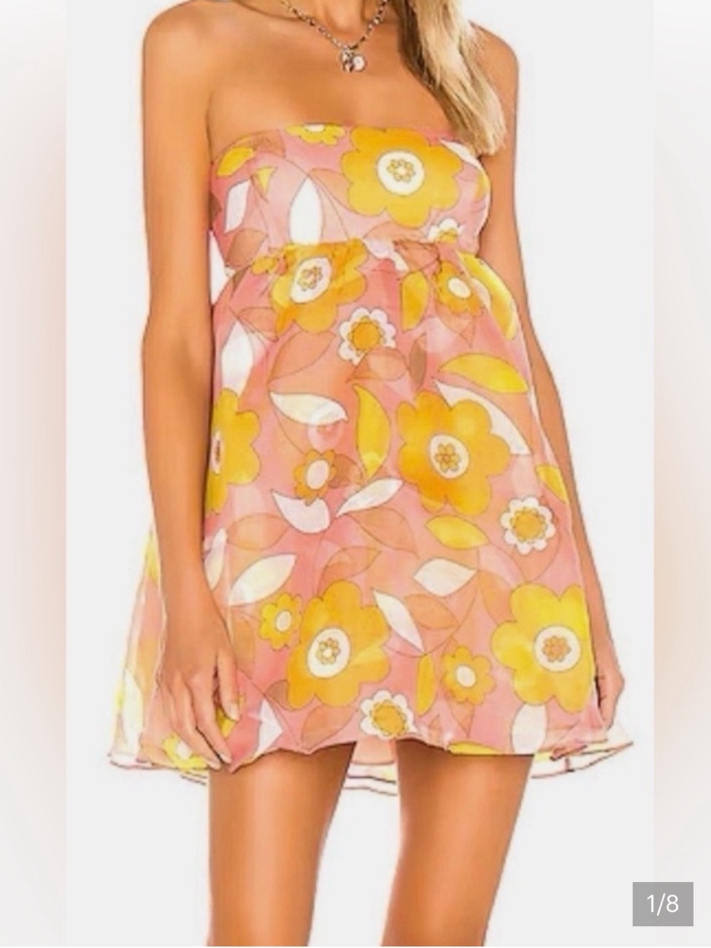 SELKIE Strapless Cupcake Dress - Woodstock Retro Pink Floral and Yellow -Mini